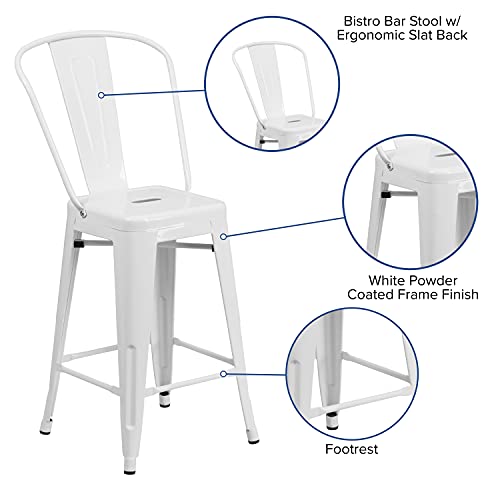 Merrick Lane Dothan Series White 24" High Metal Counter Height Stool with Removable Back for Indoor-Outdoor Use