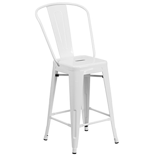 Merrick Lane Dothan Series White 24" High Metal Counter Height Stool with Removable Back for Indoor-Outdoor Use