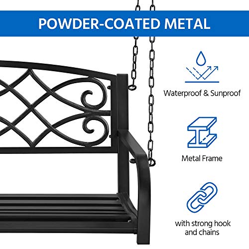 Topeakmart Metal Porch Swing Chair, Patio Hanging Swing Bench Outdoor Furniture, 2 Persons Swing Seat, Black