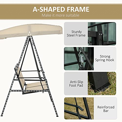 Outsunny 2-Person Patio Swings with Canopy, Outdoor Canopy Swing with Adjustable Shade, Breathable Mesh Seats and Steel Frame for Garden, Poolside, Backyard, Beige