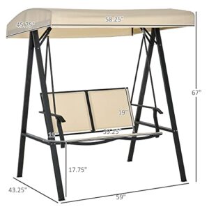 Outsunny 2-Person Patio Swings with Canopy, Outdoor Canopy Swing with Adjustable Shade, Breathable Mesh Seats and Steel Frame for Garden, Poolside, Backyard, Beige