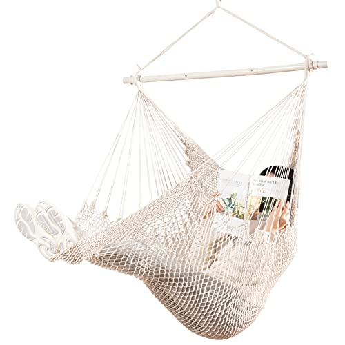 HBlife Hammock Chair Max 330 LBS Hanging Chair with Portable Metal Rod Handwoven Cotton Rope Hammock Swing for Bedroom Beige, Small