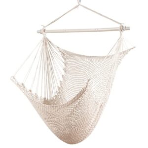 HBlife Hammock Chair Max 330 LBS Hanging Chair with Portable Metal Rod Handwoven Cotton Rope Hammock Swing for Bedroom Beige, Small