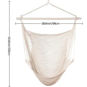 HBlife Hammock Chair Max 330 LBS Hanging Chair with Portable Metal Rod Handwoven Cotton Rope Hammock Swing for Bedroom Beige, Small