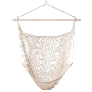 HBlife Hammock Chair Max 330 LBS Hanging Chair with Portable Metal Rod Handwoven Cotton Rope Hammock Swing for Bedroom Beige, Small