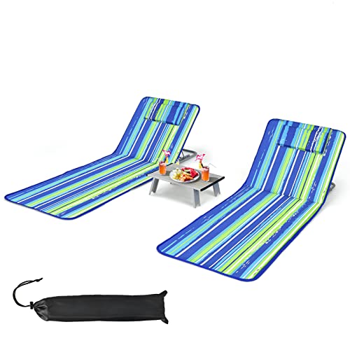 Tangkula 3 Pieces Beach Chairs for Adults, Lightweight Lawn Lounge Chairs with 5 Adjustable Recline Position, Zipper Pocket, Backpack 2 Pack Beach Chairs Set with Folding Side Table (Stripe)