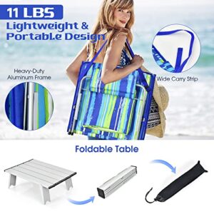 Tangkula 3 Pieces Beach Chairs for Adults, Lightweight Lawn Lounge Chairs with 5 Adjustable Recline Position, Zipper Pocket, Backpack 2 Pack Beach Chairs Set with Folding Side Table (Stripe)