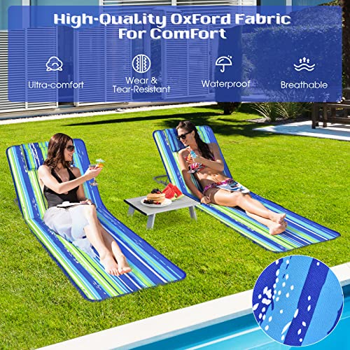 Tangkula 3 Pieces Beach Chairs for Adults, Lightweight Lawn Lounge Chairs with 5 Adjustable Recline Position, Zipper Pocket, Backpack 2 Pack Beach Chairs Set with Folding Side Table (Stripe)