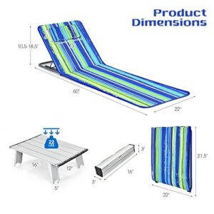 Tangkula 3 Pieces Beach Chairs for Adults, Lightweight Lawn Lounge Chairs with 5 Adjustable Recline Position, Zipper Pocket, Backpack 2 Pack Beach Chairs Set with Folding Side Table (Stripe)