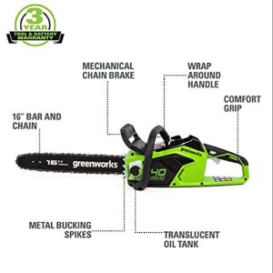 Greenworks 40V 16-inch Brushless Chainsaw, Tool Only, CS40L02