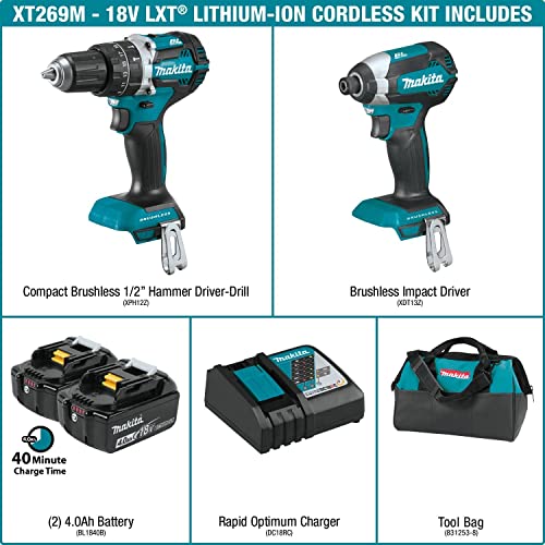 Makita XT269M 18V LXT Lithium-Ion Brushless Cordless 2-Pc. Combo Kit (4.0Ah) with XBU03Z 18V LXT Lithium-Ion Brushless Cordless Blower