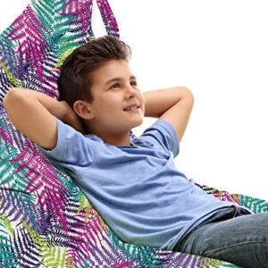 lunarable leaves lounger chair bag, hawaiian art colorful and exotic fern fronds pattern on plain backdrop, high capacity storage with handle container, lounger size, white and multicolor