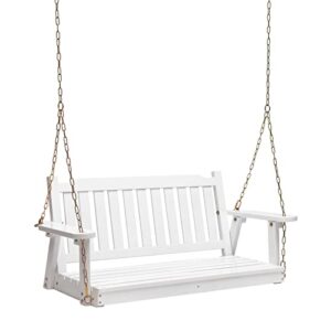 alimorden 2 person porch swing, wooden outdoor swing bench with chains, finished hanging bench for garden, courtyard, lawn & balcony, white