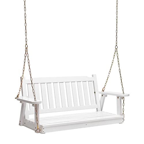 ALIMORDEN 2 Person Porch Swing, Wooden Outdoor Swing Bench with Chains, Finished Hanging Bench for Garden, Courtyard, Lawn & Balcony, White