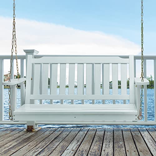 ALIMORDEN 2 Person Porch Swing, Wooden Outdoor Swing Bench with Chains, Finished Hanging Bench for Garden, Courtyard, Lawn & Balcony, White