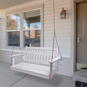 ALIMORDEN 2 Person Porch Swing, Wooden Outdoor Swing Bench with Chains, Finished Hanging Bench for Garden, Courtyard, Lawn & Balcony, White