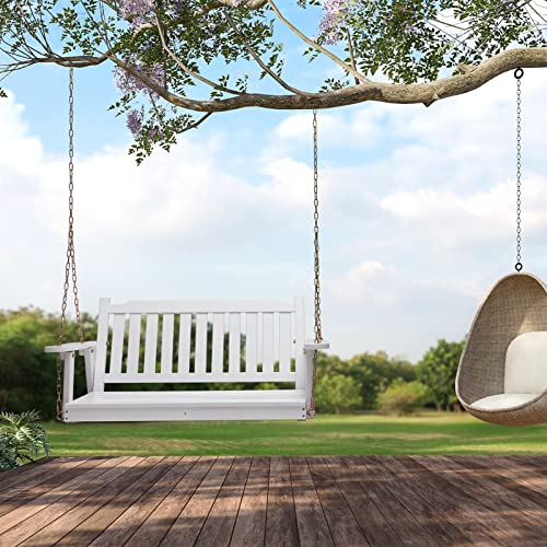ALIMORDEN 2 Person Porch Swing, Wooden Outdoor Swing Bench with Chains, Finished Hanging Bench for Garden, Courtyard, Lawn & Balcony, White