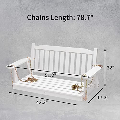 ALIMORDEN 2 Person Porch Swing, Wooden Outdoor Swing Bench with Chains, Finished Hanging Bench for Garden, Courtyard, Lawn & Balcony, White