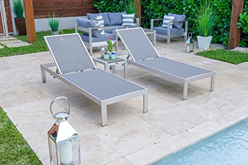 Belvedere 3-Piece Brushed Aluminum Outdoor Patio Furniture Chaise Lounge Chair Set w/Two Chaise Lounge Chairs and Side Table