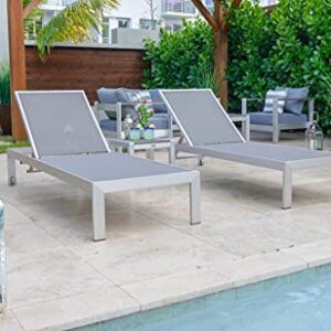 Belvedere 3-Piece Brushed Aluminum Outdoor Patio Furniture Chaise Lounge Chair Set w/Two Chaise Lounge Chairs and Side Table