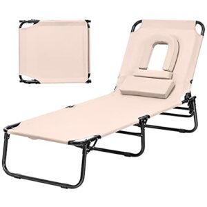 giantex outdoor chaise lounge chair – folding beach chair with 5 adjustable positions, hole, detachable pillow, hand ropes, lounger for sunbathing, poolside, yard, patio lawn chair (1, beige)