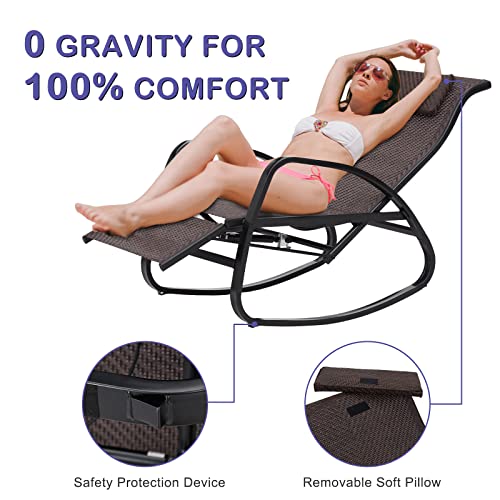 Kinpaw Stepless Adjustable Rocking Loung Chair - 2-Person Automatic Recling Chair Outdoor Textilene Zero Gravity Folding Recliner Chair with Breathable Textile Fabirc & Aluminum Frame, Brown