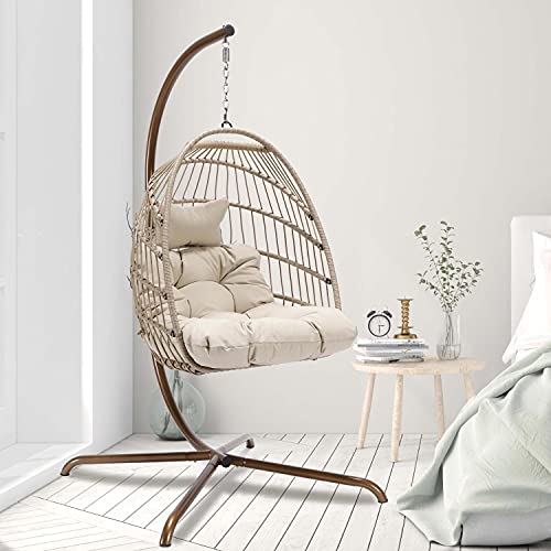 OUTPLATIO Swing Egg Chair with Stand Golden Indoor Outdoor 350lbs Capacity Hanging Rattan Hammock Chair with UV Resistant Cushion Collapsible Foldable Basket for Bedroom Balcony Patio Garden (Beige)