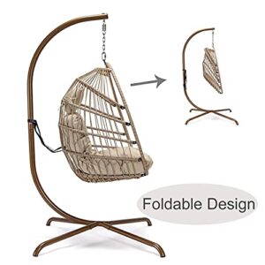 OUTPLATIO Swing Egg Chair with Stand Golden Indoor Outdoor 350lbs Capacity Hanging Rattan Hammock Chair with UV Resistant Cushion Collapsible Foldable Basket for Bedroom Balcony Patio Garden (Beige)