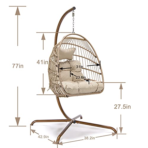 OUTPLATIO Swing Egg Chair with Stand Golden Indoor Outdoor 350lbs Capacity Hanging Rattan Hammock Chair with UV Resistant Cushion Collapsible Foldable Basket for Bedroom Balcony Patio Garden (Beige)