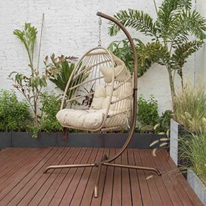 OUTPLATIO Swing Egg Chair with Stand Golden Indoor Outdoor 350lbs Capacity Hanging Rattan Hammock Chair with UV Resistant Cushion Collapsible Foldable Basket for Bedroom Balcony Patio Garden (Beige)