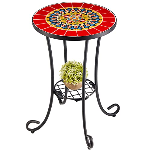 VONLUCE Patio Side Table and Plant Stand, 21" End Table with 14" Ceramic Tile Top for Porch Garden Decor, Indoor and Outdoor Mosaic Table, Living Room Bedroom Balcony Furniture for Home & Garden, Red