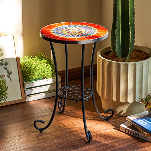 VONLUCE Patio Side Table and Plant Stand, 21" End Table with 14" Ceramic Tile Top for Porch Garden Decor, Indoor and Outdoor Mosaic Table, Living Room Bedroom Balcony Furniture for Home & Garden, Red