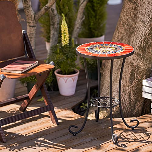 VONLUCE Patio Side Table and Plant Stand, 21" End Table with 14" Ceramic Tile Top for Porch Garden Decor, Indoor and Outdoor Mosaic Table, Living Room Bedroom Balcony Furniture for Home & Garden, Red