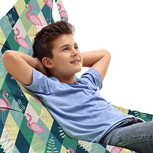 Lunarable Hawaii Lounger Chair Bag, Pink Exotic Flamingos and Leaves on Argyle Background Geometric Rhombus, High Capacity Storage with Handle Container, Lounger Size, Pale Pink Multicolor