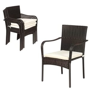 tangkula set of 4 patio dining chairs, all weather stackable rattan chairs with removable cushions and armrests, outdoor bistro wicker dining chair set for balcony poolside backyard (brown)