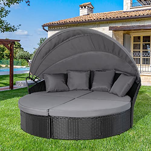 Crownland Outdoor Patio Canopy Bed Round Daybed with Washable Cushions, Clamshell Sectional Seating Wicker Furniture with Retractable Canopy Furniture for Backyard, Porch, Pool Round Bed (Black)