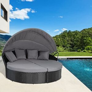 Crownland Outdoor Patio Canopy Bed Round Daybed with Washable Cushions, Clamshell Sectional Seating Wicker Furniture with Retractable Canopy Furniture for Backyard, Porch, Pool Round Bed (Black)