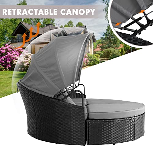 Crownland Outdoor Patio Canopy Bed Round Daybed with Washable Cushions, Clamshell Sectional Seating Wicker Furniture with Retractable Canopy Furniture for Backyard, Porch, Pool Round Bed (Black)