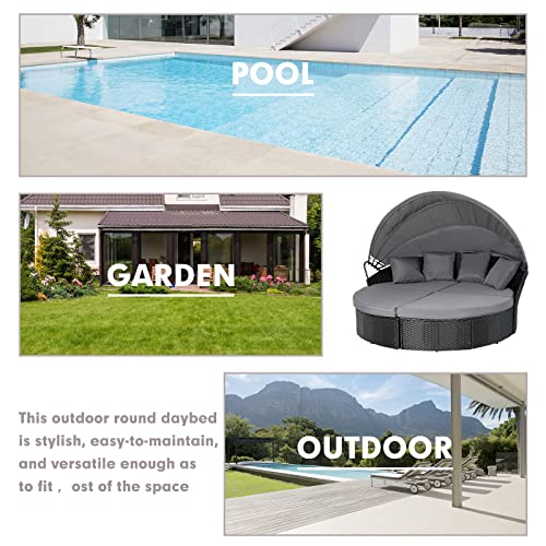 Crownland Outdoor Patio Canopy Bed Round Daybed with Washable Cushions, Clamshell Sectional Seating Wicker Furniture with Retractable Canopy Furniture for Backyard, Porch, Pool Round Bed (Black)