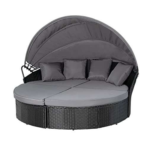 Crownland Outdoor Patio Canopy Bed Round Daybed with Washable Cushions, Clamshell Sectional Seating Wicker Furniture with Retractable Canopy Furniture for Backyard, Porch, Pool Round Bed (Black)