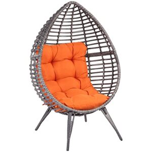 outsunny egg chair w/soft cushion, teardrop cuddle seat, outdoor/indoor, pe plastic rattan furniture, adjustable height, orange