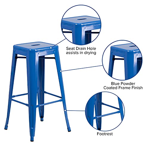 BizChair Commercial Grade 30" H Backless Blue Metal Indoor-Outdoor Barstool, Square