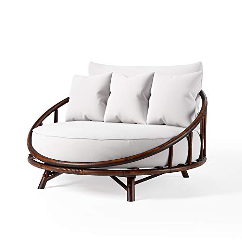 Zew Rattan Daybed Large Accent Sofa Chair Lawn Pool Garden Seating Pillows Bamboo Round Sofabed v.2021, Espresso with White Cushion