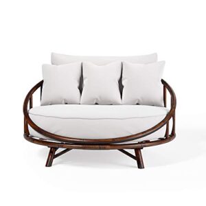 Zew Rattan Daybed Large Accent Sofa Chair Lawn Pool Garden Seating Pillows Bamboo Round Sofabed v.2021, Espresso with White Cushion