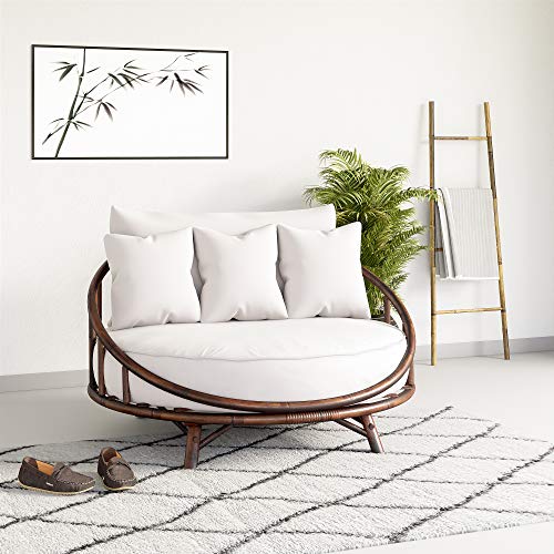 Zew Rattan Daybed Large Accent Sofa Chair Lawn Pool Garden Seating Pillows Bamboo Round Sofabed v.2021, Espresso with White Cushion