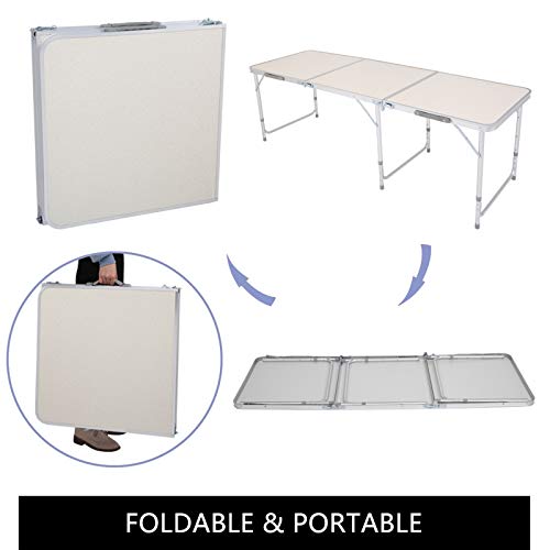 Outvita 6ft Portable Folding Camping Table, Outdoor Waterproof Adjustable Height Table, Aluminum Lightweight Suitcase Foldable Table for Picnic BBQ Beach Dining