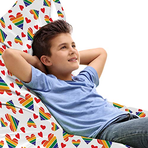 Lunarable Yellow Striped Lounger Chair Bag, Love Wins LGTB Pride Community Themed Rainbow Hearts on Plain Backdrop, High Capacity Storage with Handle Container, Lounger Size, White Multicolor