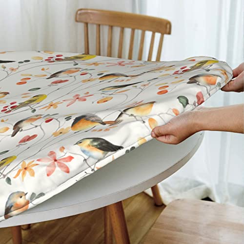 Elastic Edged Round Bird Fitted Table Cloth Cover, Home Decorative Tablecloth for Indoor Outdoor Kitchen Party, Fits 40" - 44" Tables, Small