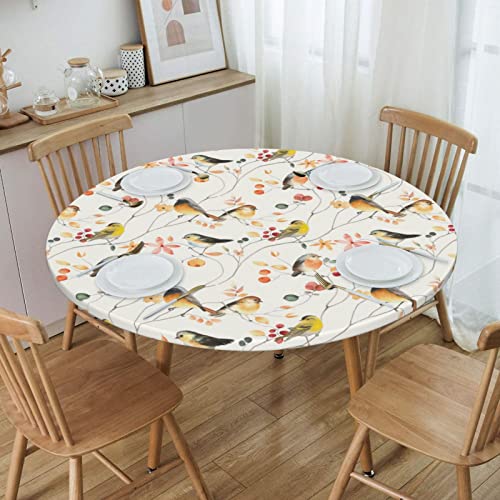 Elastic Edged Round Bird Fitted Table Cloth Cover, Home Decorative Tablecloth for Indoor Outdoor Kitchen Party, Fits 40" - 44" Tables, Small
