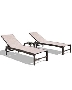 crestlive products 2pcs patio chaise lounges and 1pc table set aluminum adjustable lounge chairs with tempered glass side table, curved design, all-weather outdoor recliners (beige)